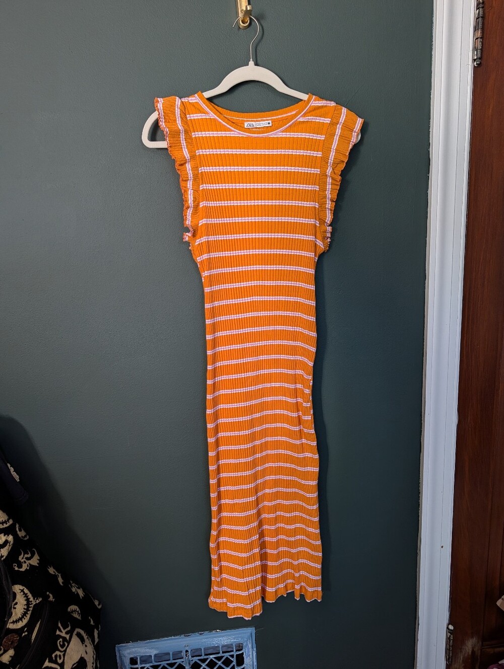 Zara Orange and White Striped Maxi Dress with Ruffle Sleeves And Pink Accent